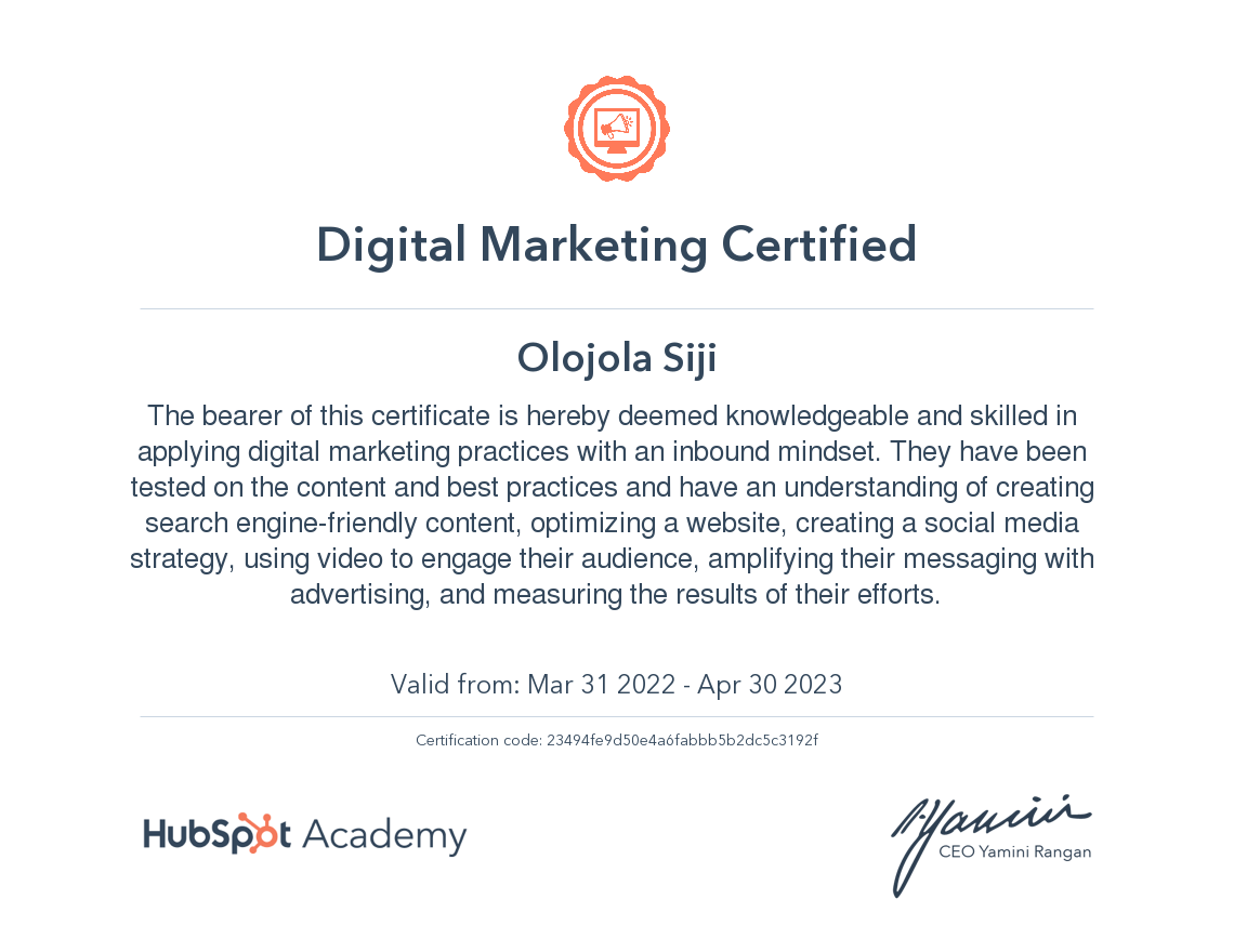 Digital Marketing Certificate - Hubspot